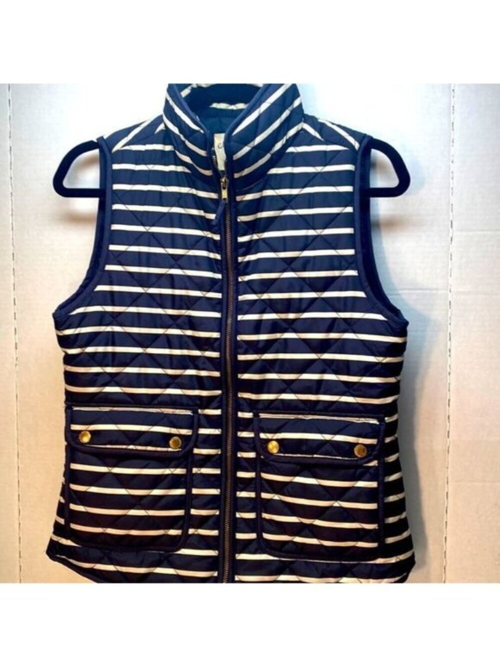 Cambridge Dry Goods Quilted Striped Vest Navy White Gold Zipper Pockets Women S